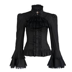 Viktorianische Bluse für Damen, Gothic-Piratenhemd, Vintage-Langarm, Lotus-Rüschen, 010 Schwarz, Klein von Mingyuezai