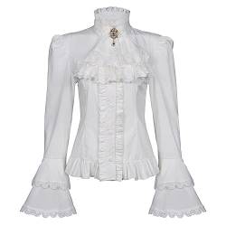 Viktorianische Bluse für Damen, Gothic-Piratenhemd, Vintage-Langarm, Lotus-Rüschen, 010 Weiß, Mittel von Mingyuezai