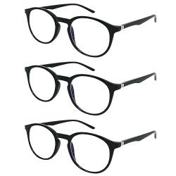 Mini Brille 3 Stück Set Klassische Nerd Lesebrille mit großen Runden Gläsern, Kunststoff Rahmen (Schwarz), Brille mit Sehstärke, Lesehilfe Damen und Herren +2.0 Dioptrien von Mini Brille