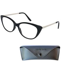 Mini Brille Cateye Lesebrille mit großen Gläsern, Gratis Etui, Kunststoff Brillengestell (Schwarz) und Metall Bügeln, Lesehilfe Damen +1.5 Dioptrien von Mini Brille