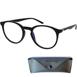 Mini Brille Klassische Nerd Lesebrille mit großen Runden Gläsern - mit Gratis Etui, Kunststoff Rahmen (Schwarz), Brille mit Sehstärke, Lesehilfe Damen und Herren +2.0 Dioptrien von Mini Brille