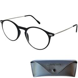 Mini Brille Leichte Lesebrille mit Runden Gläsern, Gratis Etui, Kunststoff Rahmen (Schwarz) mit Metall Bügeln, Lesehilfe Damen und Herren +1.5 Dioptrien von Mini Brille