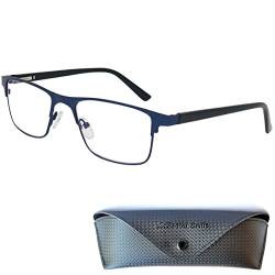 Mini Brille Metall Anti Blaulicht Brille Lesebrille mit rechteckigen Gläsern, Etui, Edelstahl Rahmen (Dunkelblau sieht aus wie Schwarz), Eckige Blaulichtfilter Brille Herren und Damen +2.5 Dioptrien von Mini Brille