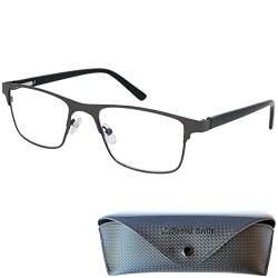 Mini Brille Metall Lesebrille mit rechteckigen Gläsern - mit Gratis Etui, Edelstahl Brillengestell (Graphit), Eckige Lesehilfe Herren und Damen +2.0 Dioptrien von Mini Brille