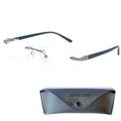 Mini Brille Randlose Lesebrille mit rechteckigen Gläsern - mit Gratis Etui, Edelstahl Rahmen (Blau), Lesehilfe Herren und Damen +1.5 Dioptrien von Mini Brille