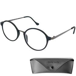 Mini Brille Runde Lesebrille - mit Gratis Etui, Kunststoff Rahmen (Schwarz), Metall Brücke und Bügeln (Graphit), Lesehilfe für Damen und Herren +1.5 Dioptrien von Mini Brille