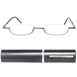 Mini Brille Schmale Metall Mini Halbbrille Lesebrille, Edelstahl Rahmen (Graphit), mit Gratis Slim-Fit Alu Etui, Lesehilfe Damen und Herren +1.0 Dioptrien von Mini Brille