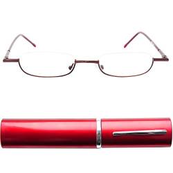 Mini Brille Schmale Metall Mini Halbbrille Lesebrille, Edelstahl Rahmen (Rot), mit Gratis Slim-Fit Alu Etui, Lesehilfe Damen und Herren +1.0 Dioptrien von Mini Brille