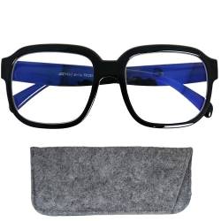 Mini Brille Stilvolle Vintage Fake Brille ohne Sehstärke mit XL großen kratzfesten Gläsern, Gratis Etui, Dicker Kunststoff Rahmen (Schwarz), Blaulichtfilter Brille Damen und Herren ohne Dioptrien von Mini Brille