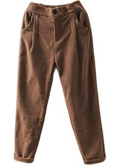 Minibee Damen Corduroy Pants Elastische Taille Retro Hose mit Taschen - Braun - X-Groß von Minibee