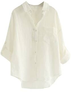 Minibee Damen Leinen Bluse High Low Shirt Roll-Up Ärmel Tops, Weiß, Mittel von Minibee