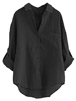 Minibee Damen Leinen Bluse High Low Shirt Roll-Up Ärmel Tops, schwarz, Mittel von Minibee