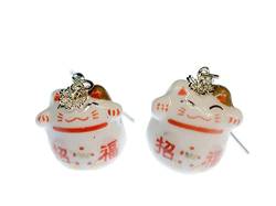 Miniblings Katze Winkekatze Glückskatze Ohrringe - Handmade Modeschmuck I Maneki-neko weiß rot Porzellan - Ohrhänger Ohrschmuck versilbert von Miniblings
