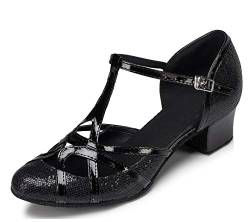 Minishion Damen T-Strap Dance Heels Glitter Salsa Ballroom Schuhe, Schwarzer 3,5 cm Absatz, 38 EU von Minishion