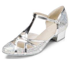 Minishion Damen T-Strap Dance Heels Glitter Salsa Ballroom Schuhe, Silberfarbener 3,5 cm Absatz, 37 EU von Minishion