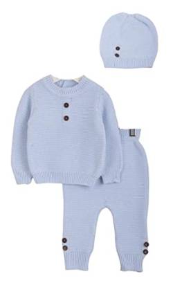 Minora Baby Winter Kleidungs Set | Hose, Pullover und Mütze für Jungen und Mädchen | Langarm Tops und Hose Sweatsuit Outfits Kleidung | Oberteile und Hosen | Blau- Geknöpft | 6-9 Monate von Minora