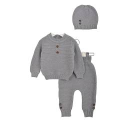 Minora Baby Winter Kleidungs Set | Hose, Pullover und Mütze für Jungen und Mädchen | Langarm Tops und Hose Sweatsuit Outfits Kleidung | Oberteile und Hosen | Grau - Geknöpft | 9-12 Monate von Minora