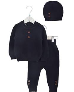 Minora Baby Winter Kleidungs Set | Hose, Pullover und Mütze für Jungen und Mädchen | Langarm Tops und Hose Sweatsuit Outfits Kleidung | Oberteile und Hosen | Navy blau- Geknöpft | 3-6 Monate von Minora
