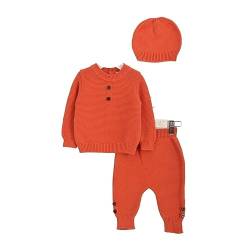 Minora Baby Winter Kleidungs Set | Hose, Pullover und Mütze für Jungen und Mädchen | Langarm Tops und Hose Sweatsuit Outfits Kleidung | Oberteile und Hosen | Orange - Geknöpft | 0-3 Monate von Minora