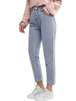 Damen Boyfriend Jeans Hose Reißverschluss Knopfleiste Hoher Taille High Waist Stretch Schlank Jeanshose Push Up Denim Pants B Hellblau M von Mintom