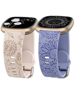 Minyee 2 Packungen Floral Gravur Band kompatibel mit Fitbit Versa 4/Versa 3/Sense 2/Sense Band Frauen Mädchen, süßes Silikon Löwenzahn Sonnenblume Design Soft Sport Fancy Sommer Gurt für Versa 4 von Minyee