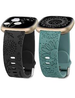 Minyee 2 Packungen Floral Gravur Band kompatibel mit Fitbit Versa 4/Versa 3/Sense 2/Sense Band Frauen Mädchen, süßes Silikon Löwenzahn Sonnenblume Design Soft Sport Fancy Sommer Gurt für Versa 4 von Minyee