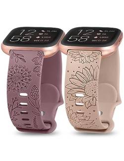 Minyee 2 Packungen florale Gravur, kompatibel mit Fitbit Versa 2/Fitbit Versa/Versa Lite Bands Frauen, süßes weiches Silikon Sonnenblume Löwenzahn Sport Designer Fancy Sommer Armband für Versa 2 Smart von Minyee