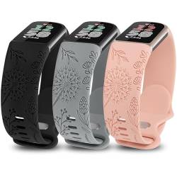 Minyee 3 Packungen Floral Gravur Band Kompatibel mit Fitbit Charge 6 Bands/Fitbit Charge 5 Bands Frauen Niedlich Weich Silikon Löwenzahn Blumenmuster Sport Designer Fancy Sommer Armband für Charge 6/5 von Minyee