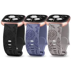 Minyee 3 Packungen Floral Gravur Band kompatibel mit Fitbit Versa 2 Band/Versa Lite/Versa Band Frauen, süßes weiches Silikon Löwenzahn Blumenmuster Sport Designer Fancy Sommer Gurt für Versa 2 von Minyee