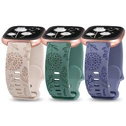 Minyee 3 Packungen Floral Gravur Band kompatibel mit Fitbit Versa 2 Band/Versa Lite/Versa Band Frauen, süßes weiches Silikon Löwenzahn Blumenmuster Sport Designer Fancy Sommer Gurt für Versa 2 von Minyee