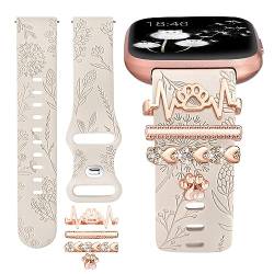 Minyee Armband mit Blumen-Gravur, kompatibel mit Fitbit Versa 2/Fitbit Versa/Versa Lite, glitzernd, dekorative Ringschlaufe, süßes weiches Silikon-Blumen-Armband für Versa 2 Uhr (mit Band) von Minyee