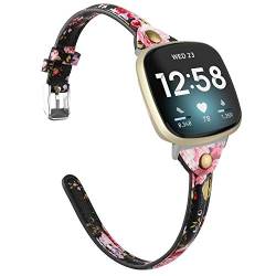 Minyee Kompatibel mit Fitbit Versa 4/Versa 3/Sense 2/Sense Band für Damen, schlankes und dünnes Lederarmband für Fitbit Versa 4/Fitbit Sense Smartwatch, rosa Blumenmuster von Minyee