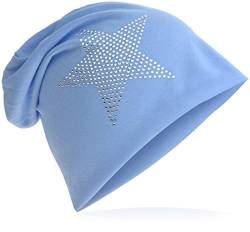 Jersey Slouch Beanie Long Mütze Stern mit Strass Stern Applikation Babyblau von Miobo