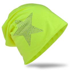 Jersey Slouch Beanie Long Mütze Stern mit Strass Stern Applikation Neon-Gelb von Miobo