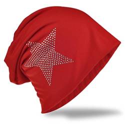 Jersey Slouch Beanie Long Mütze Stern mit Strass Stern Applikation Rot von Miobo