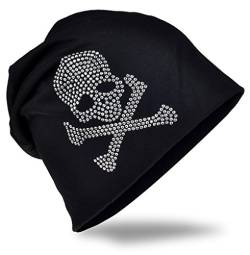 Jersey Slouch Beanie Long Mütze mit Totenkopf Strass Applikation Unisex Unifarbe Herren Damen Trend, Schwarz (mit Bone), Einheitsgröße von Miobo