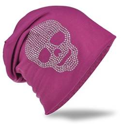 Jersey Slouch Beanie Long Mütze mit Totenkopf Strass Applikation Unisex Unifarbe Herren Damen Trend (One Size, Orchidee) von Miobo