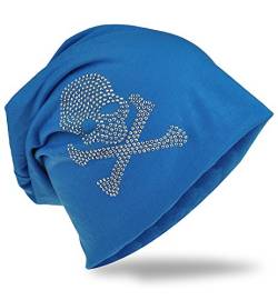 Jersey Slouch Beanie Long Mütze mit Totenkopf Strass Applikation Unisex Unifarbe Herren Damen Trend (One Size, Pirat-Lichtblau) von Miobo