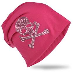 Jersey Slouch Beanie Long Mütze mit Totenkopf Strass Applikation Unisex Unifarbe Herren Damen Trend (One Size, Pirat-Pink) von Miobo