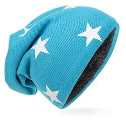 Kinder Jersey Slouch Beanie Long warme Mütze Unisex Unifarbe Winter Trend (49-51cm Kopfumfang, Weiss Stern-Blau) von Miobo