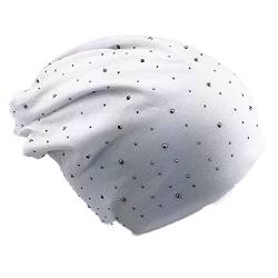 Miobo StrassNieten Jersey Slouch Beanie Long Mütze mit edler Strass-Nieten Applikation Unisex Unifarbe Herren Damen Trend Weiß von Miobo