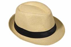 Strohhut Panama Fedora Trilby Gangster Hut Sonnenhut mit Stoffband Farbe:-Beige (Strohhut) Gr:-58 von Miobo