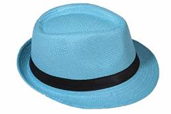 Strohhut Panama Fedora Trilby Gangster Hut Sonnenhut mit Stoffband Farbe:-Himmelblau (Strohhut) Gr:-56 von Miobo