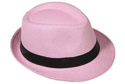Strohhut Panama Fedora Trilby Gangster Hut Sonnenhut mit Stoffband Farbe:-Rosa (Strohhut) Gr:-54 von Miobo