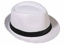 Strohhut Panama Fedora Trilby Gangster Hut Sonnenhut mit Stoffband Farbe:-Weiß (Strohhut) Gr:-54 von Miobo