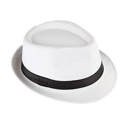Strohhut Panama Fedora Trilby Gangster Hut Sonnenhut mit Stoffband Farbe:-Weiß (schwarz Band) Gr:-58 von Miobo