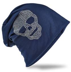 Totenkopf Strass Applikation Jersey Slouch Beanie Long Mütze Unisex Dunkelblau von Miobo