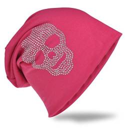 Totenkopf Strass Applikation Jersey Slouch Beanie Long Mütze Unisex Pink von Miobo