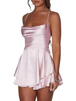 Frauen Rückenfrei Kurz Strampler Satin Kleid Sexy Wasserfallausschnitt Kurze Jumpsuits Krawatte Rüschen Schicht Spaghetti Strap Minikleid, A-Pink, 36 von Miolasay