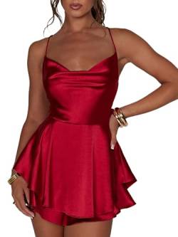 Frauen Rückenfrei Kurz Strampler Satin Kleid Sexy Wasserfallausschnitt Kurze Jumpsuits Krawatte Rüschen Schicht Spaghetti Strap Minikleid, rot (a), 38 von Miolasay